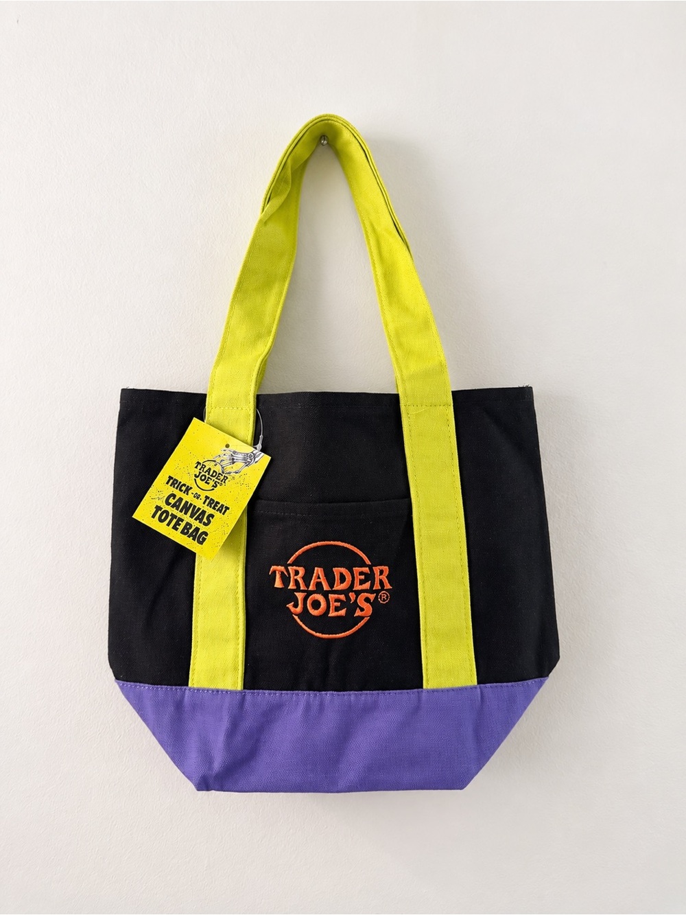 NWT Trader Joe’s Halloween Black Neon Green Purple Canvas Tote Bag